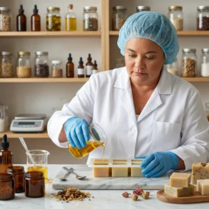 Proceso de elaboración de jabones artesanales en laboratorio de cosmética natural con aceites y extractos botánicos