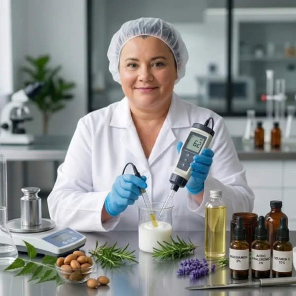 Formulación de cremas cosméticas avanzadas con medición de pH en laboratorio de cosmética natural