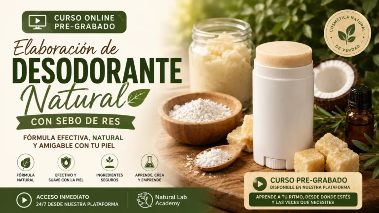 Portada de curso online pregrabado de elaboración de desodorante natural con sebo de res de Natural Lab Academy, con ingredientes naturales y desodorante artesanal.