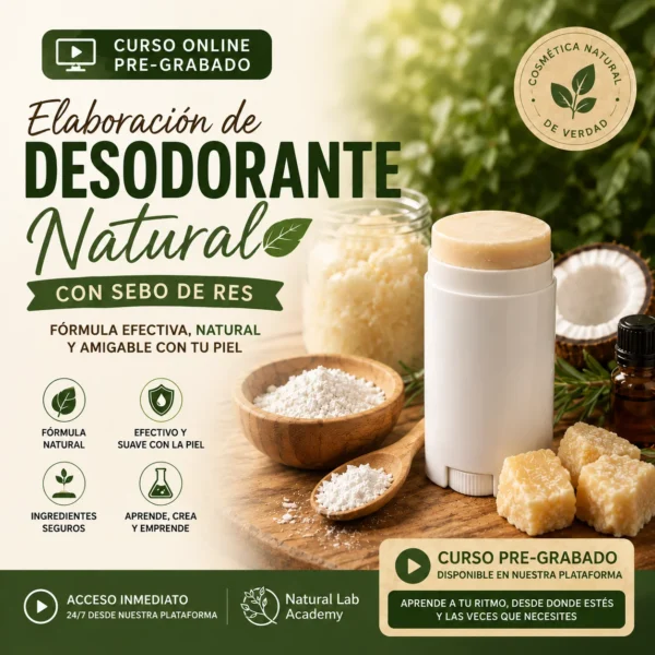 Curso online pregrabado de elaboración de desodorante natural con sebo de res de Natural Lab Academy, con ingredientes naturales y fórmula amigable con la piel.