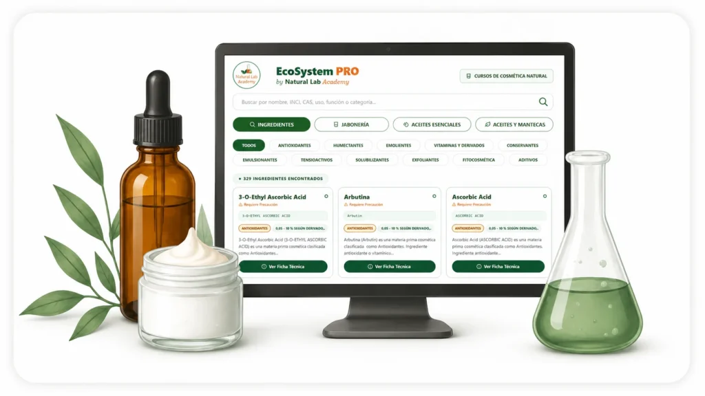 EcoSystem PRO, herramienta digital de Natural Lab Academy para consultar ingredientes cosméticos, INCI, funciones y usos en formulación natural.