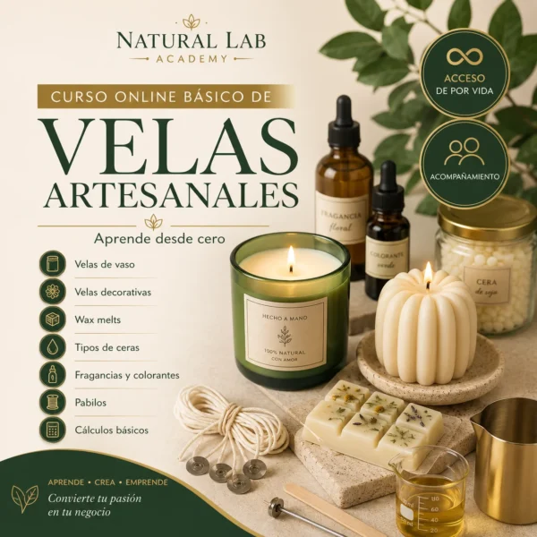 Curso Online Básico de Velas Artesanales de Natural Lab Academy con velas decorativas, wax melts, cera de soya, mechas y fragancias