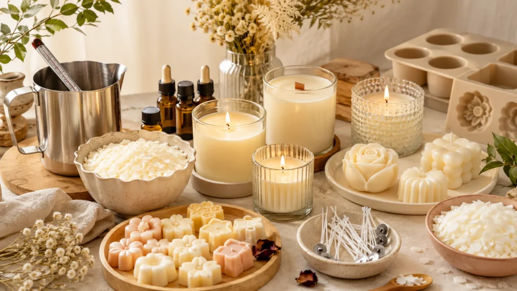 Curso básico de velas artesanales con velas en vaso, wax melts, moldes, cera de soya, pabilos y materiales de elaboración