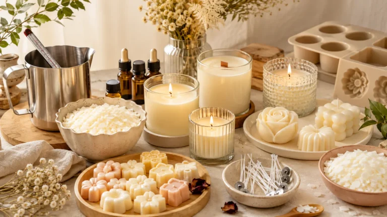 Curso básico de velas artesanales con velas en vaso, wax melts, moldes, cera de soya, pabilos y materiales de elaboración