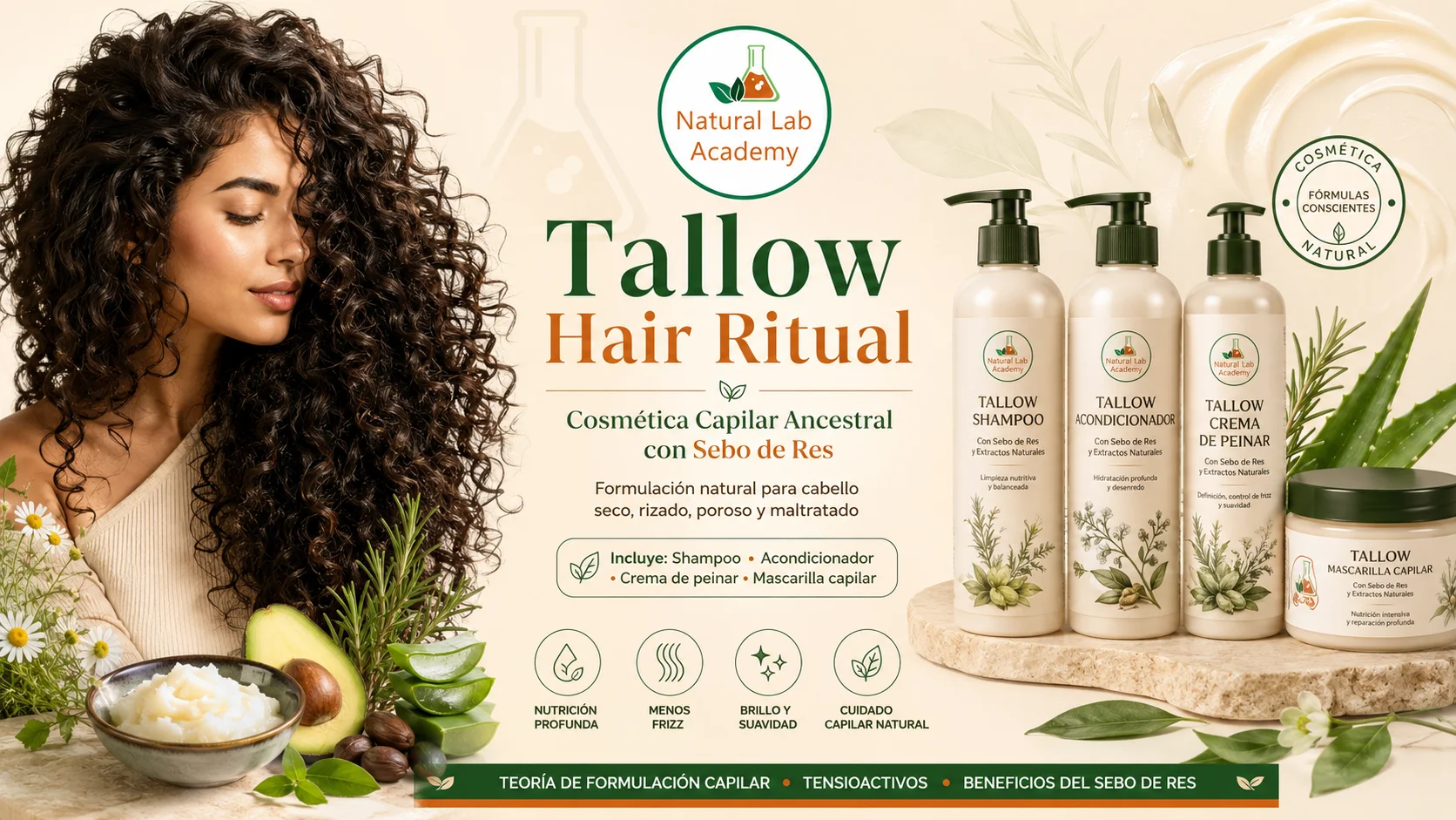 Curso de cosmética capilar con sebo de res para cabello seco, rizado, poroso y maltratado