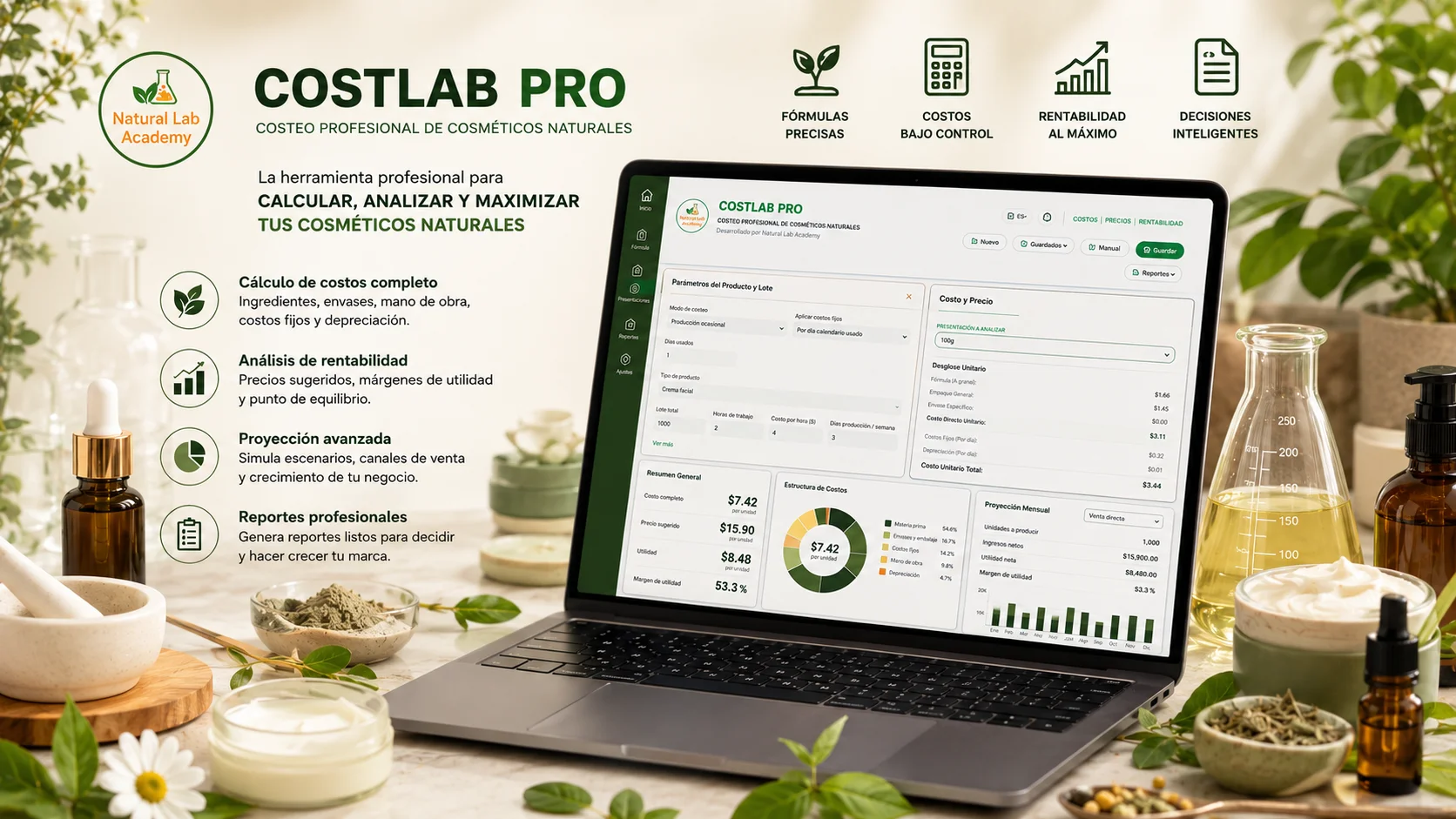 CostLab PRO, software profesional para calcular costos, precios y rentabilidad de cosméticos naturales desarrollado por Natural Lab Academy.