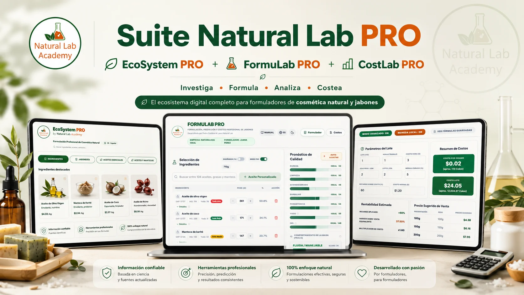 Suite Natural Lab PRO con EcoSystem PRO, FormuLab PRO y CostLab PRO para formuladores de cosmética natural y jabones.