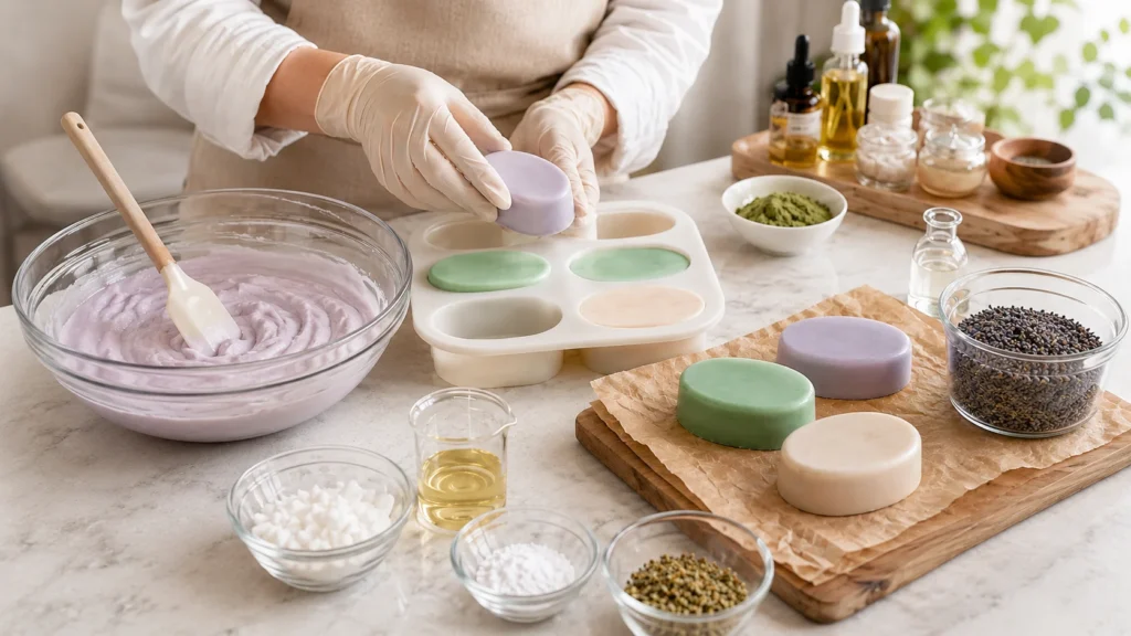 Portada del curso de jabones syndet dermolimpiadores de Natural Lab Academy con jabones sólidos artesanales para limpieza facial y corporal.