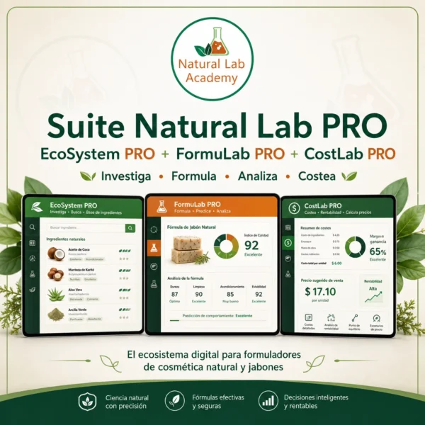 Suite Natural Lab PRO con EcoSystem PRO, FormuLab PRO y CostLab PRO para formuladores de cosmética natural y jabones.