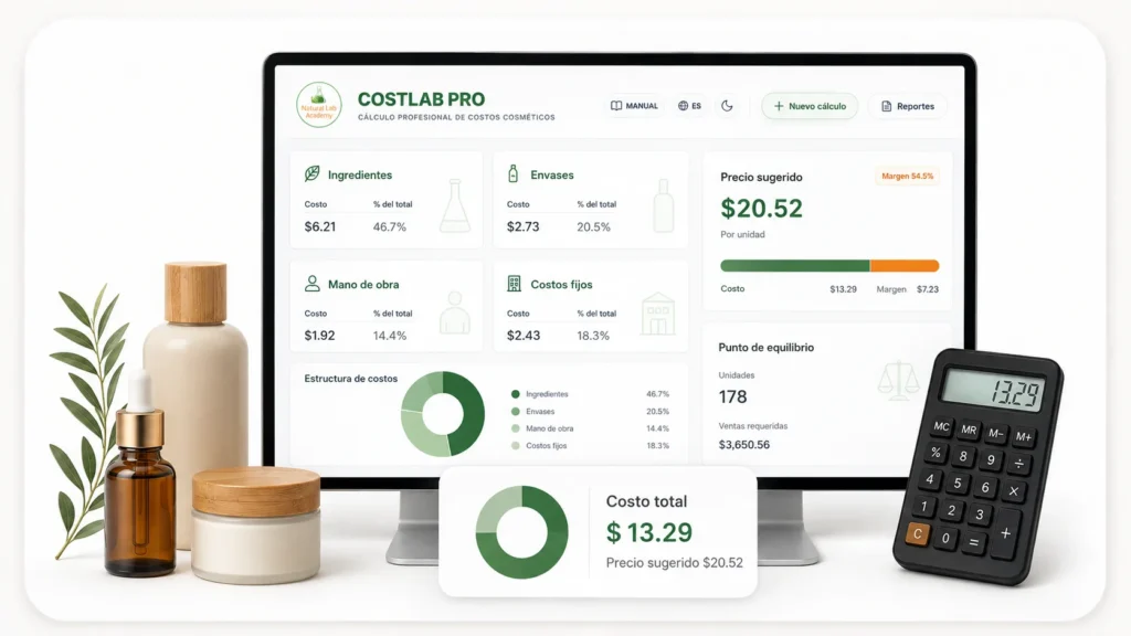 CostLab PRO, software profesional para calcular costos, precios y rentabilidad de cosméticos naturales desarrollado por Natural Lab Academy.